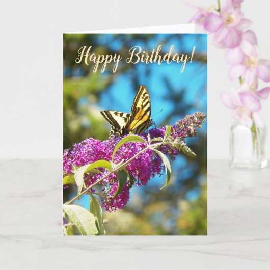 Yellow Butterfly on Pink Flowers Birthday カード (蘭)