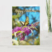Yellow Butterfly on Pink Flowers Birthday カード (正面)