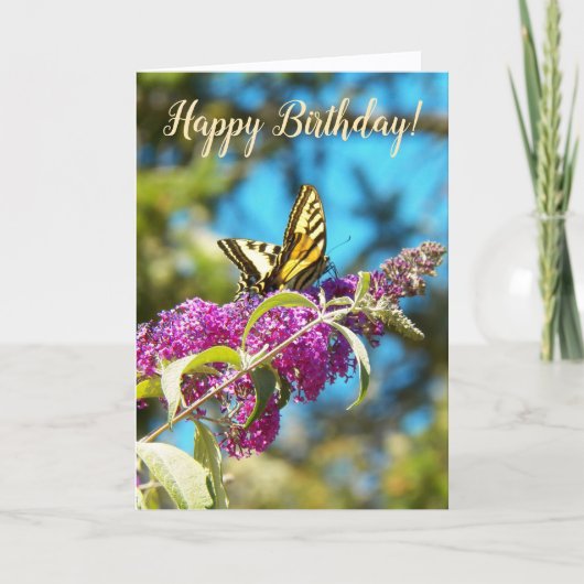 Yellow Butterfly on Pink Flowers Birthday カード (正面)