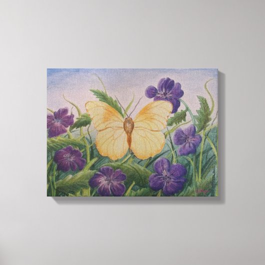 Yellow Butterfly With Flowers キャンバスプリント (正面)