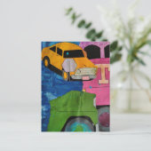 Yellow Car Pink and Green Truckmixed media collage ポストカード (スタンド正面)