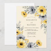 Yellow Charcoal Striking Floral Wedding 招待状 (正面/裏面)