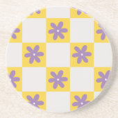 Yellow Checkerboard Floral Pattern – Purple Daisy  コースター (正面)