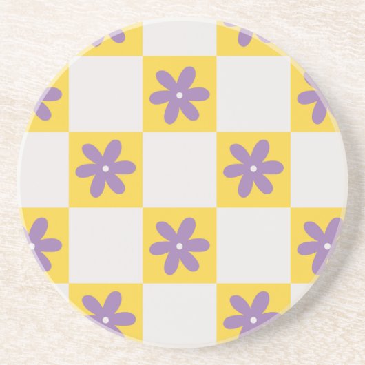 Yellow Checkerboard Floral Pattern – Purple Daisy コースター (正面)