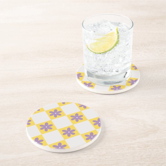 Yellow Checkerboard Floral Pattern – Purple Daisy  コースター (側面)