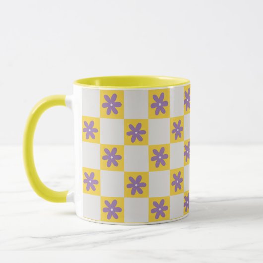 Yellow Checkerboard Floral Pattern – Purple Daisy  マグカップ (左)