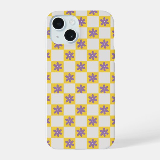 Yellow Checkerboard Floral Pattern – Purple Daisy  iPhone 15ケース (裏面)