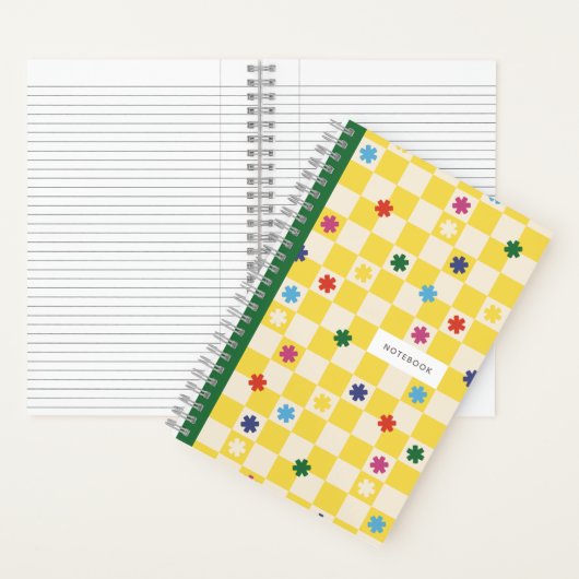 Yellow Checkerboard Pattern Stars Flowers Notebook ノートブック (内側)