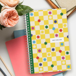 Yellow Checkerboard Pattern Stars Flowers Notebook ノートブック