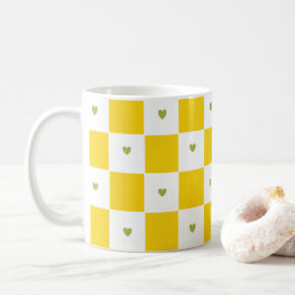 Yellow Checkered with Green Heart Mug コーヒーマグカップ