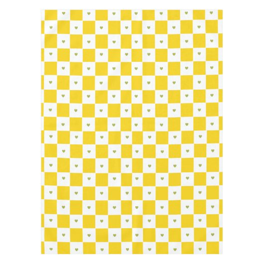 Yellow Checkered with Green Heart Tablecloth テーブルクロス (正面)