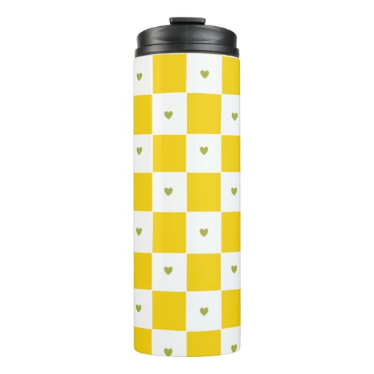 Yellow Checkered with Green Heart Thermal Tumbler タンブラー (正面)