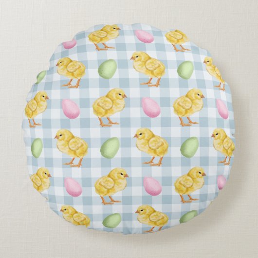 Yellow Chicks And Eggs On Blue Gingham Pattern ラウンドクッション (正面)