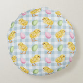 Yellow Chicks And Eggs On Blue Gingham Pattern ラウンドクッション (裏面)