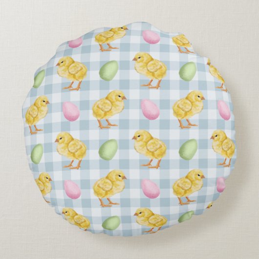 Yellow Chicks And Eggs On Blue Gingham Pattern ラウンドクッション (裏面)