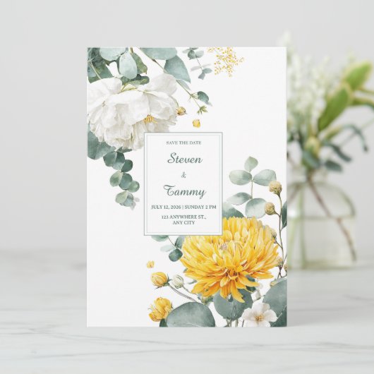 Yellow Chrysanthemum White Peony Eucalyptus 招待状 (スタンド正面)