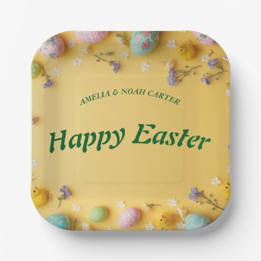 Yellow colorful  Easter BRUNCH & HUNT ペーパープレート (正面)