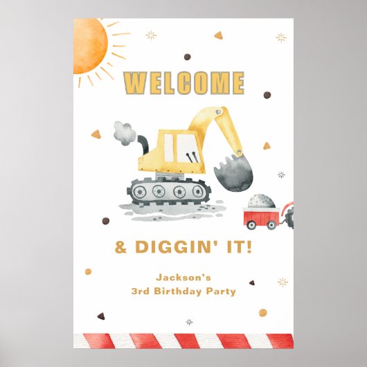 Yellow Construction Digger Brithday Party Welcome ポスター (正面)