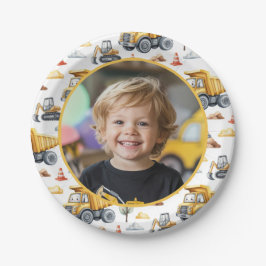 Yellow Construction Trucks Birthday Photo Kids  ペーパープレート