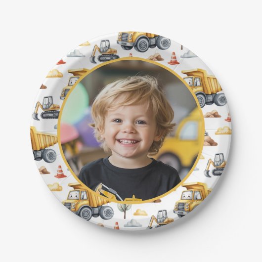 Yellow Construction Trucks Birthday Photo Kids  ペーパープレート (正面)