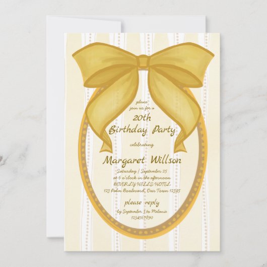 Yellow coquette retro stripes bow birthday party 招待状 (正面)