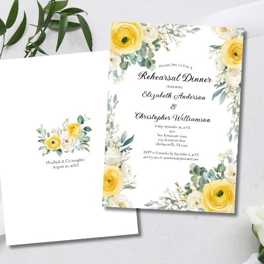 Yellow Cream Watercolor Florals Rehearsal Dinner 招待状