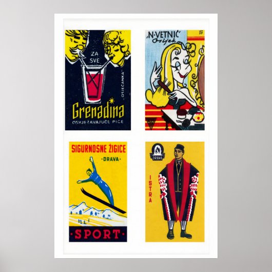 Yellow Croatian Matchbox Labels Grid Print ポスター (正面)