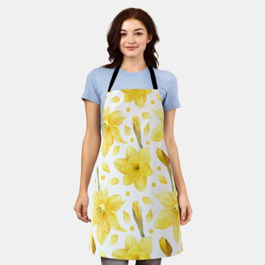 Yellow Daffodil Floral Spring Garden Pattern エプロン (着用した状態)