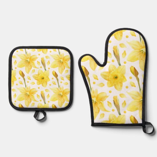 Yellow Daffodil Floral Spring Garden Pattern 鍋つかみ&鍋敷きセット (正面)