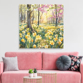 Yellow Daffodils in Spring Forest Watercolor  キャンバスプリント (インサイチュ (リビング))