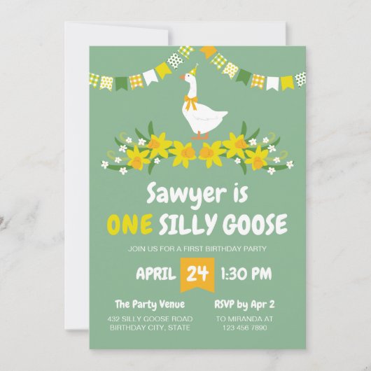 Yellow Daffodils One Silly Goose First Birthday 招待状 (正面)
