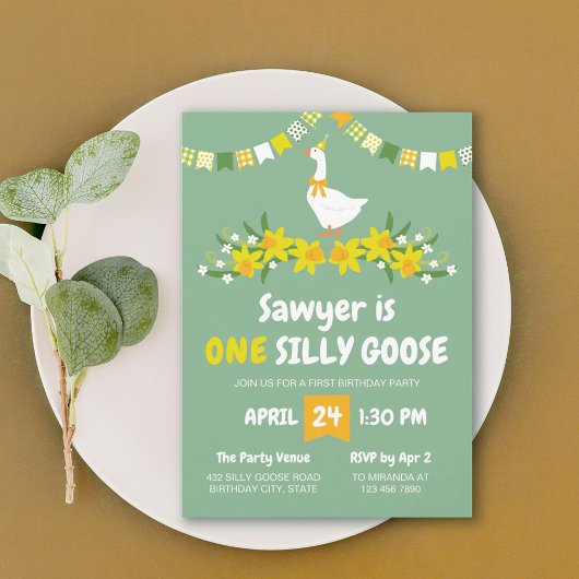 Yellow Daffodils One Silly Goose First Birthday 招待状