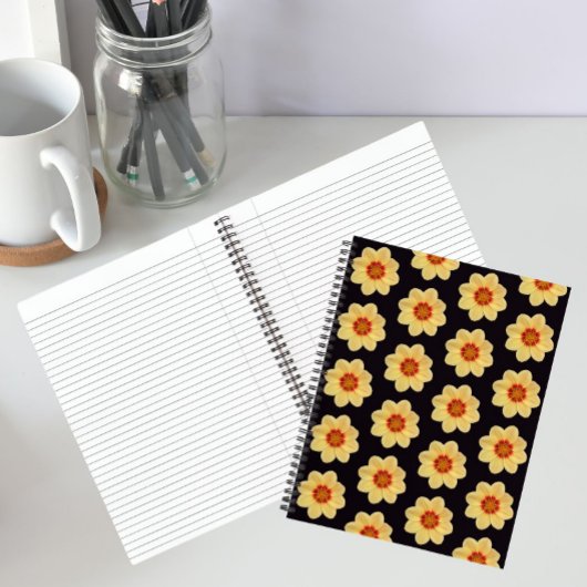 Yellow Dahlia Floral Pattern on Black ノートブック