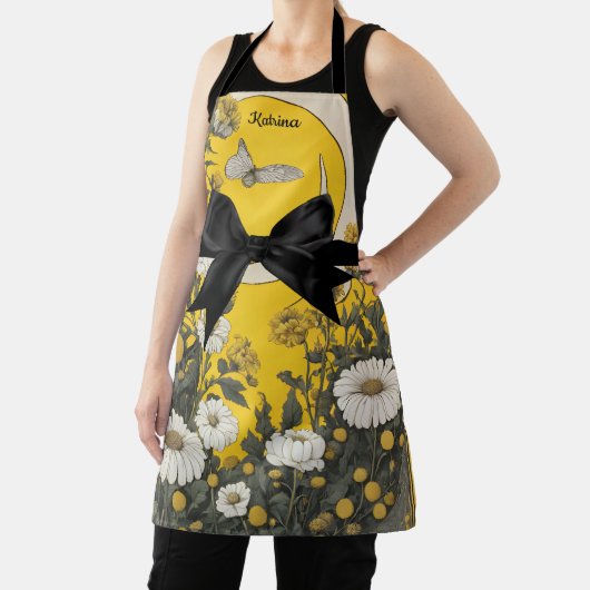 Yellow Daisy Butterfly Meadow Black Bow エプロン (インサイチュ)