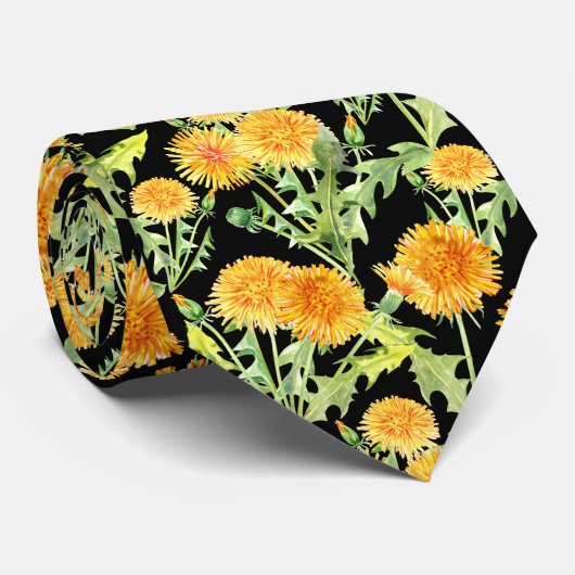 Yellow Dandelion Flowers on Black ネクタイ (ロール)