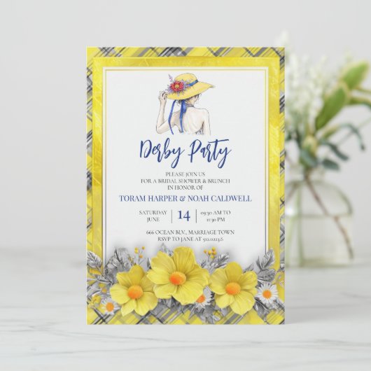 Yellow Derby Party Invitation Bridal Shower Plaid 招待状 (スタンド正面)