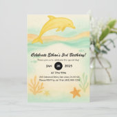 Yellow Dolphin Coral Beach Illustration Birthday  招待状 (スタンド正面)