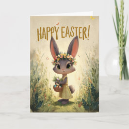 Yellow Dress Flower-Crown Bunny Easter Card カード
