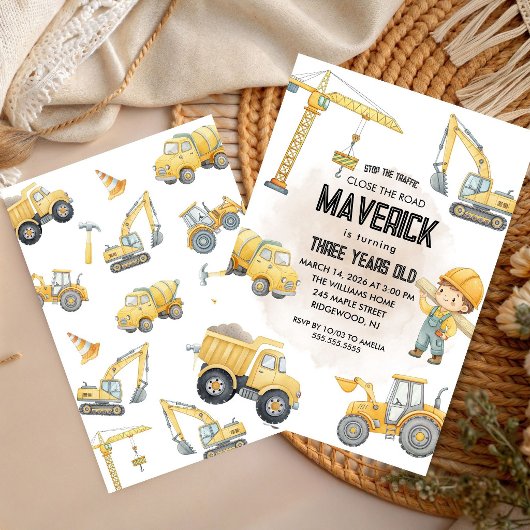 Yellow Dump Truck Construction Boy Birthday Party  招待状
