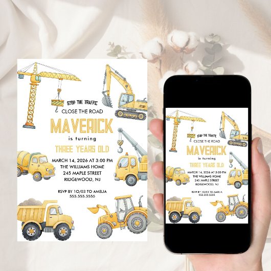 Yellow Dump Truck Construction Boy Birthday Party  招待状