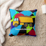 Yellow Dump Truck, Geometric Shapes, Child's Name クッション<br><div class="desc">Yellow dump truck on colorful geometric shapes with personalized Child's Name in white.</div>