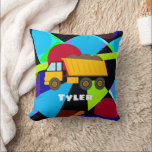 Yellow Dump Truck, Geometric Shapes, Child's Name クッション<br><div class="desc">Yellow dump truck on colorful geometric shapes with personalized Child's Name in white.</div>