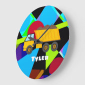 Yellow Dump Truck, Geometric Shapes, Child's Name ラージ壁時計 (傾斜)