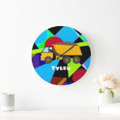 Yellow Dump Truck, Geometric Shapes, Child's Name ラージ壁時計 (ホーム)