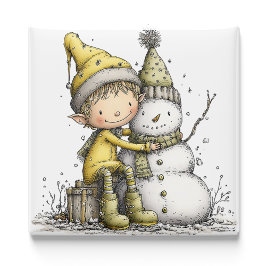 Yellow Elf Snowman Christmas Magnet マグネット