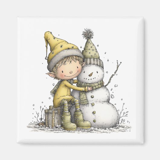 Yellow Elf Snowman Christmas Magnet マグネット (正面)