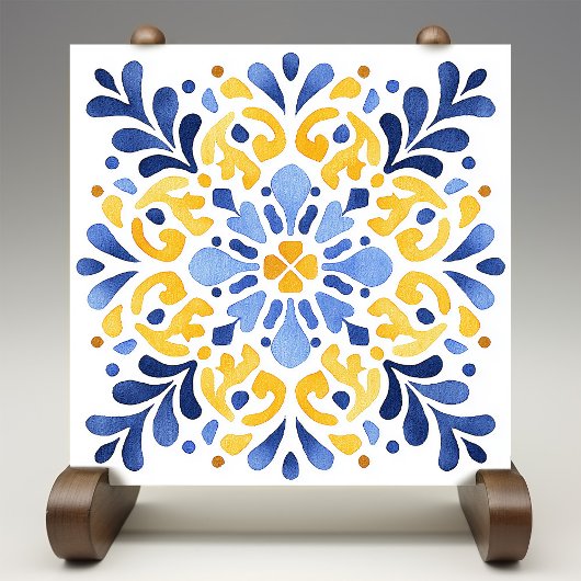 Yellow Fleur-de-Lis Azulejo Print タイル