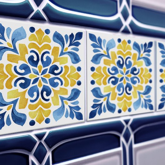 Yellow Fleur-de-Lis Azulejo Print タイル