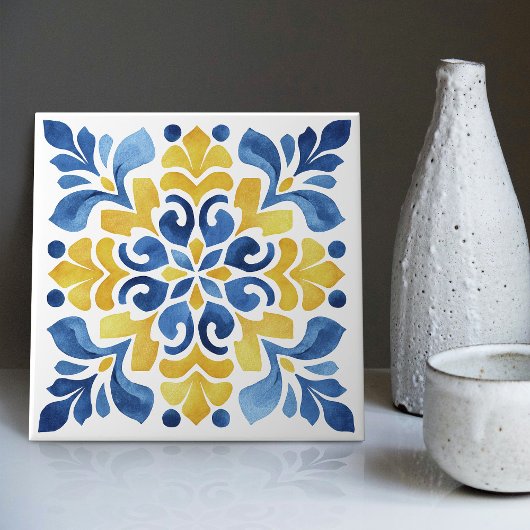 Yellow Fleur-de-Lis Azulejo Print タイル