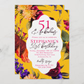 Yellow Floral 51 & Fabulous 51st Birthday Party 招待状 (正面/裏面)